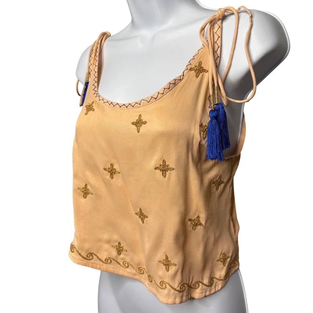 FREE PEOPLE Womens Peach Cami Tassel Embroidered Crop Tank Top Sz S Boho Girly